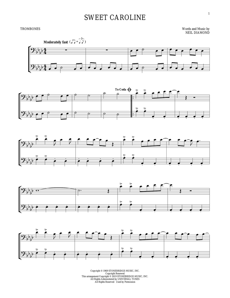 Sweet Caroline Trombone Duet scores gallery preview page 1