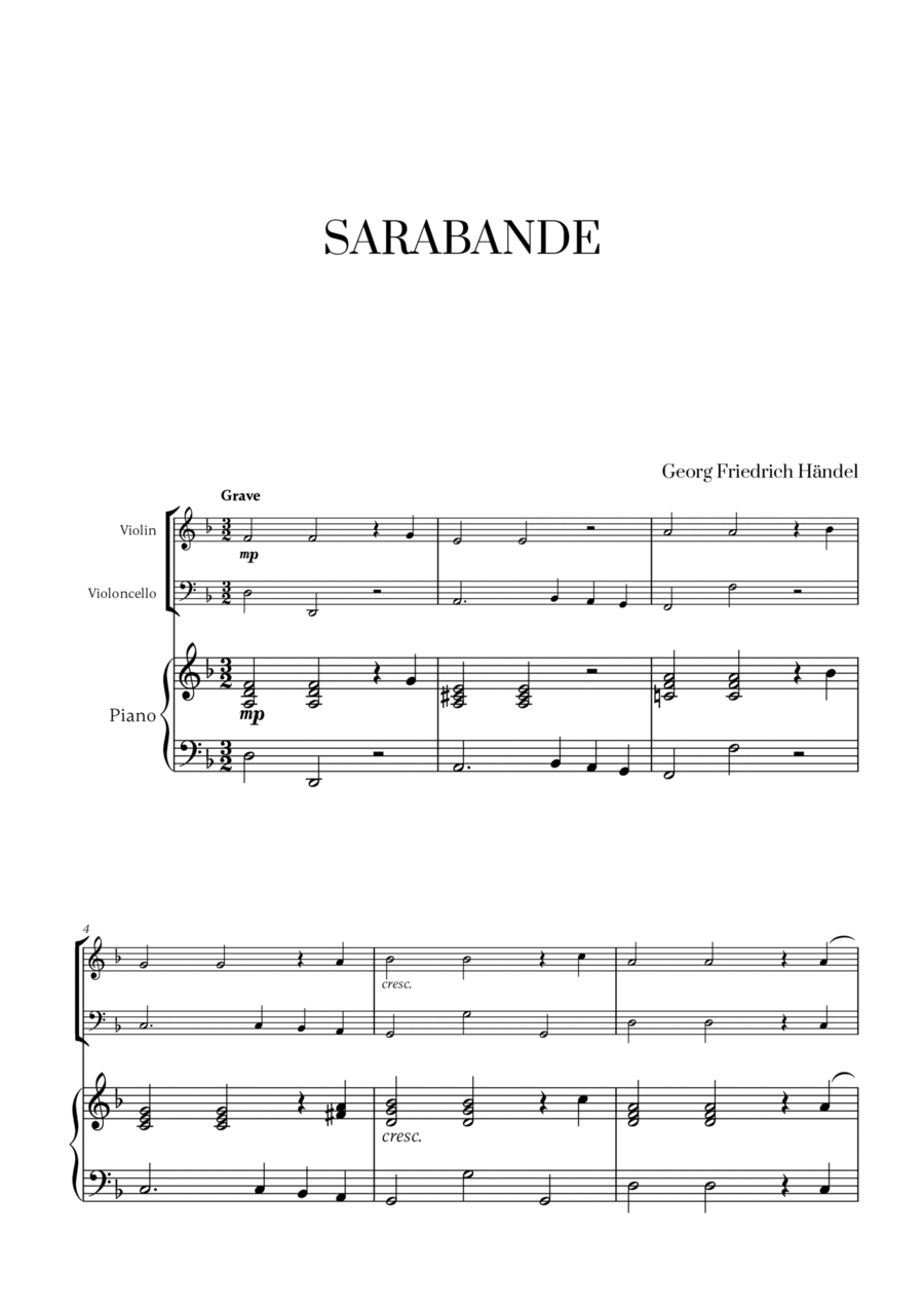 G. F. Haendel - Sarabande for Violin, Cello and Piano Piano Trio scores gallery preview page 1