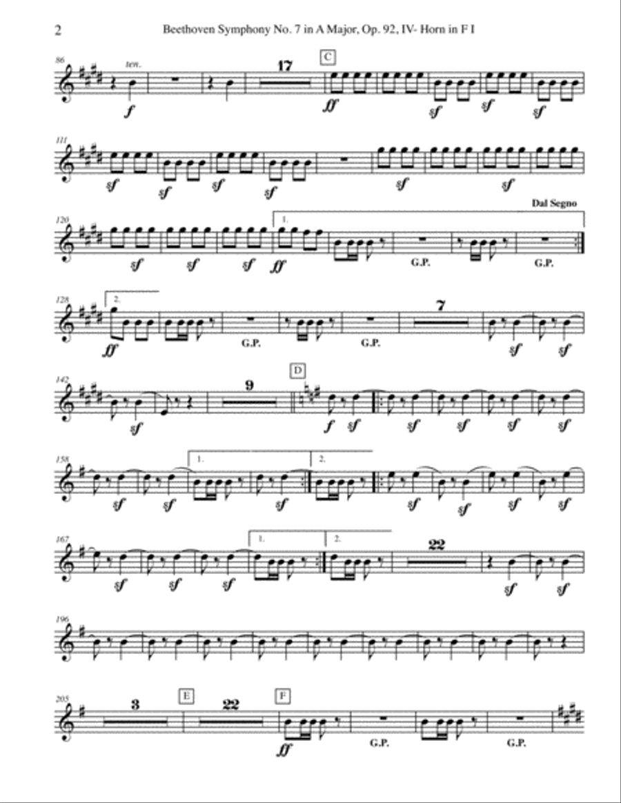 Beethoven Symphony No. 7, Movement IV - Horn in F 1 (Transposed Part), Op. 92 Beethoven Symphony No. 7, Movement IV - Horn in F 1 (Transposed Part), Op. 92 Horn Solo scores gallery preview page 2
