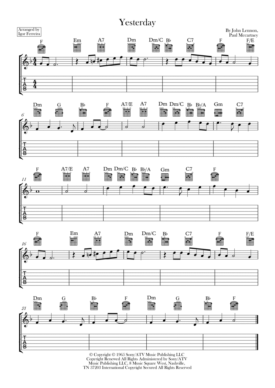 Yesterday Piano, Vocal, Guitar scores gallery preview page 1