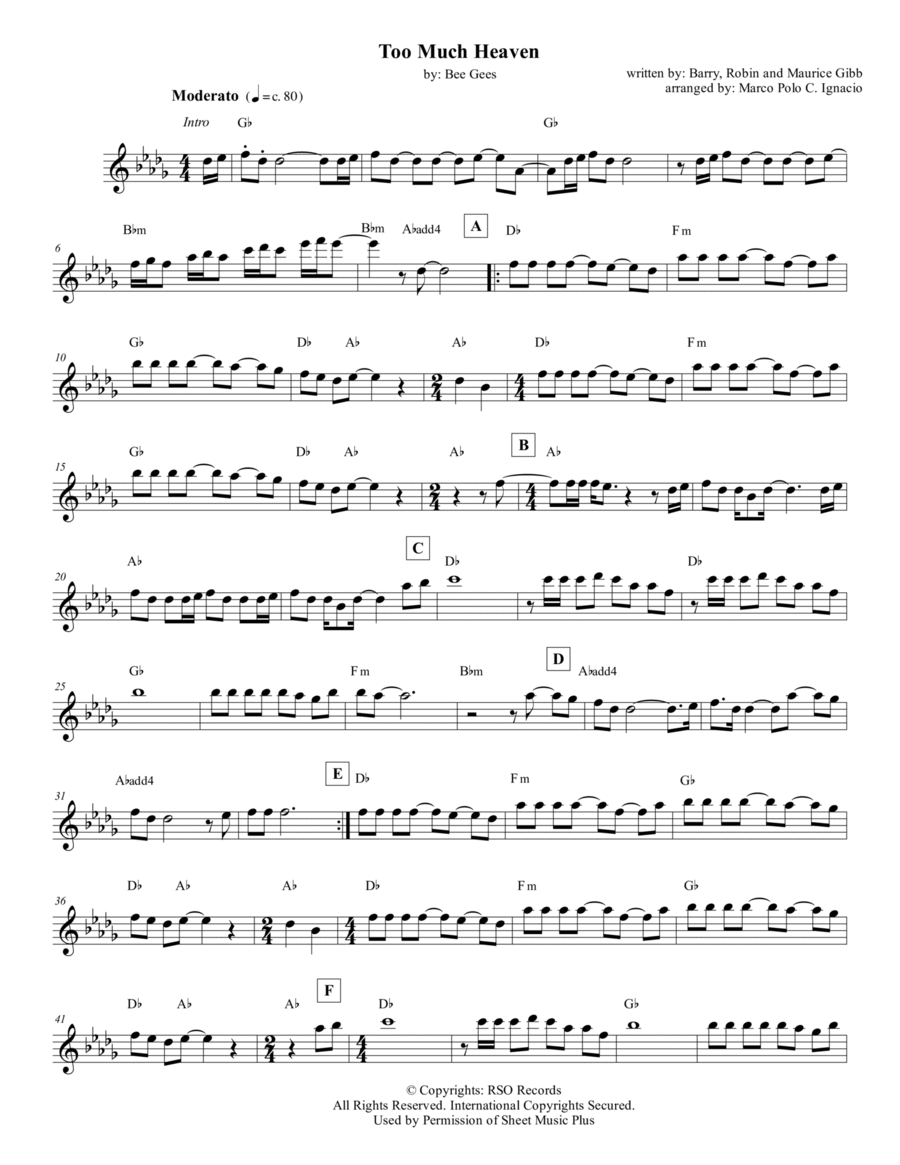 Too Much Heaven Piano scores gallery preview page 1