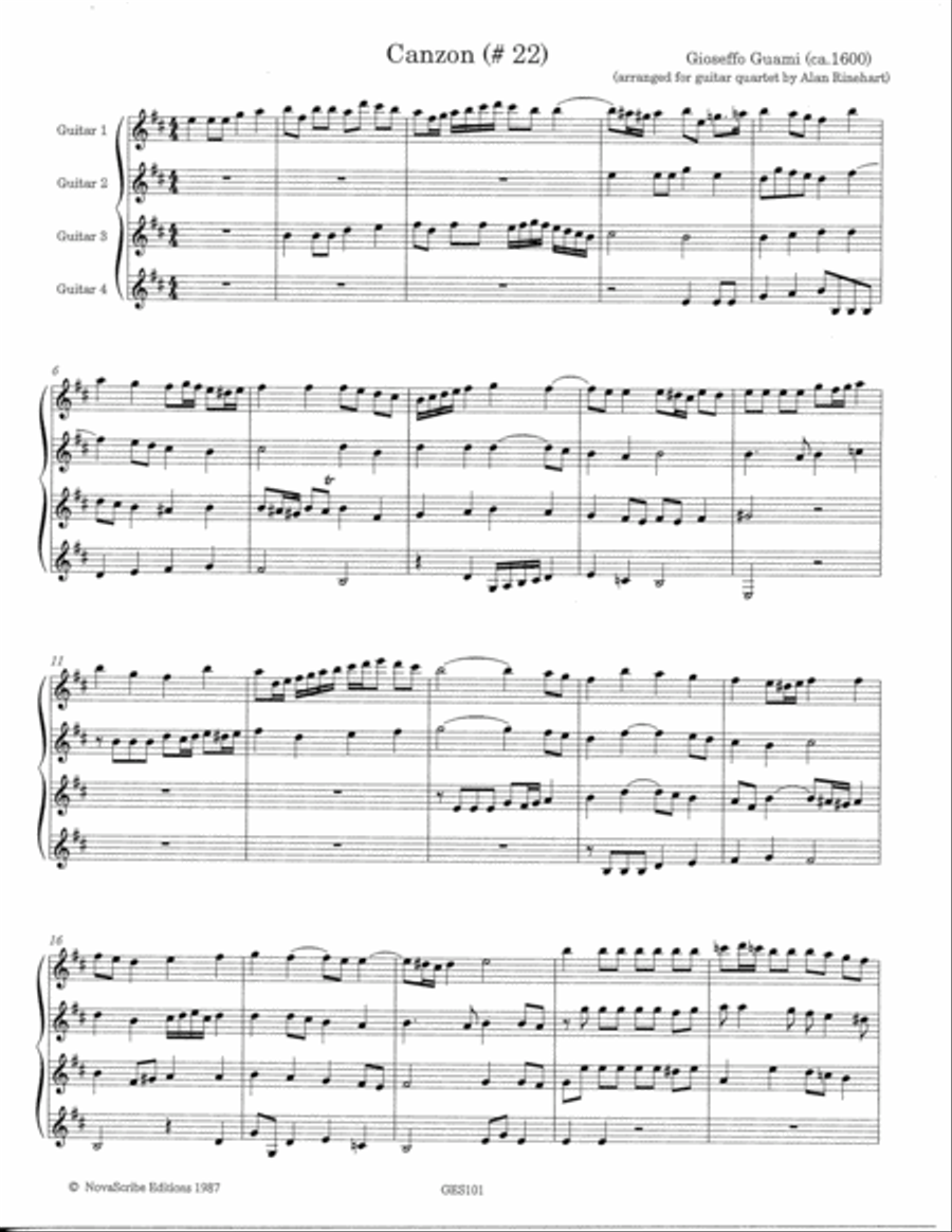 Canzon (#22) arr. for guitar quartet Small Ensemble scores gallery preview page 3