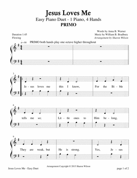 Jesus Loves Me (Easy Piano Duet; 1 Piano, 4 Hands) image number null