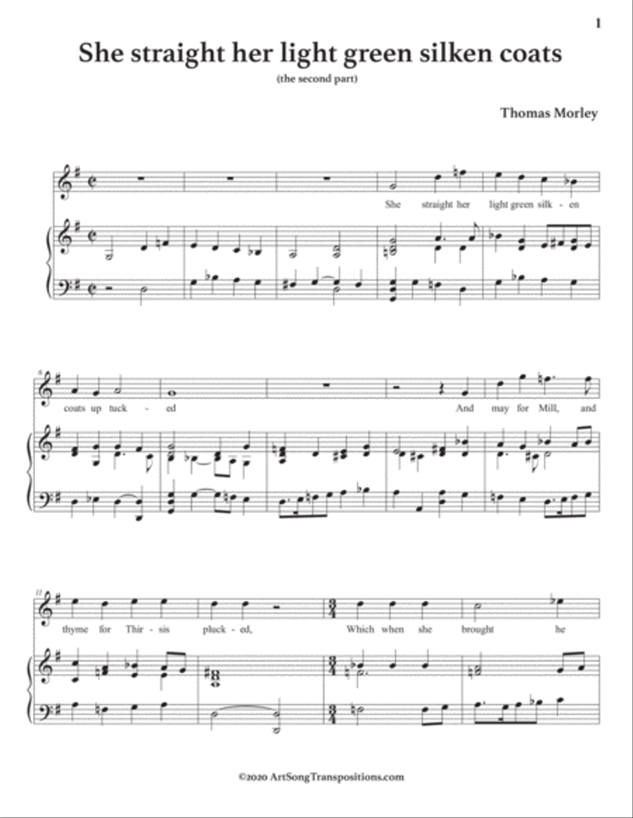 MORLEY: She straight her light green silken coats (transposed to G major) Voice scores gallery preview page 2