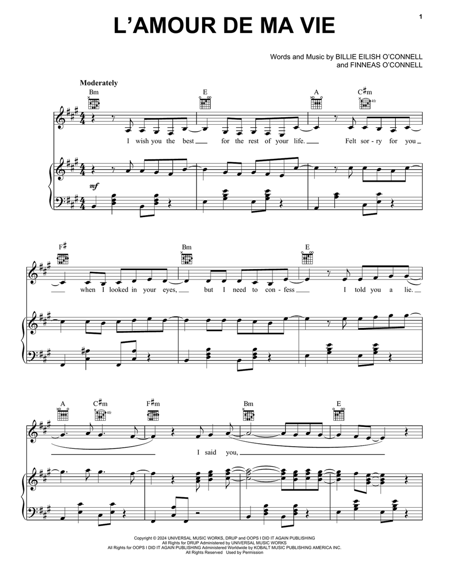 L'AMOUR DE MA VIE Piano, Vocal, Guitar scores gallery preview page 1