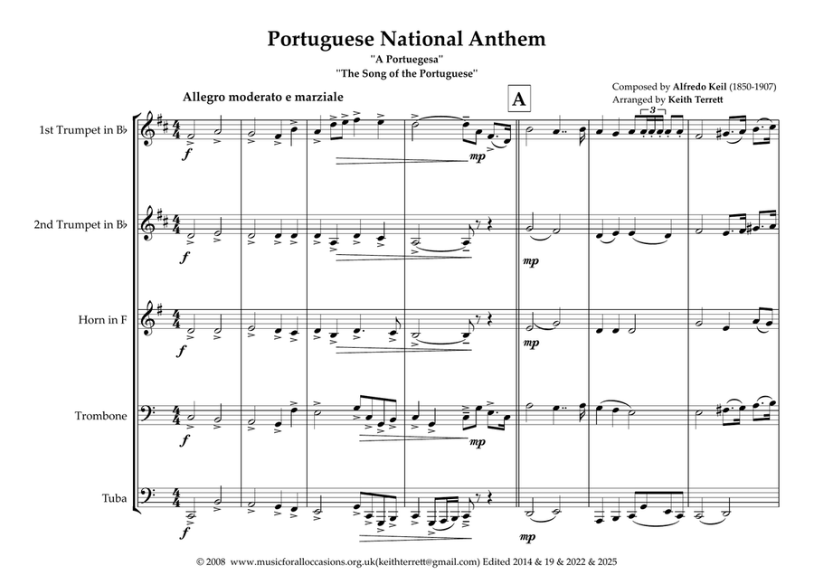 Portuguese National Anthem ''A Portuegesa'' for Brass Quintet (World National Anthem Series) Brass Quintet scores gallery preview page 2