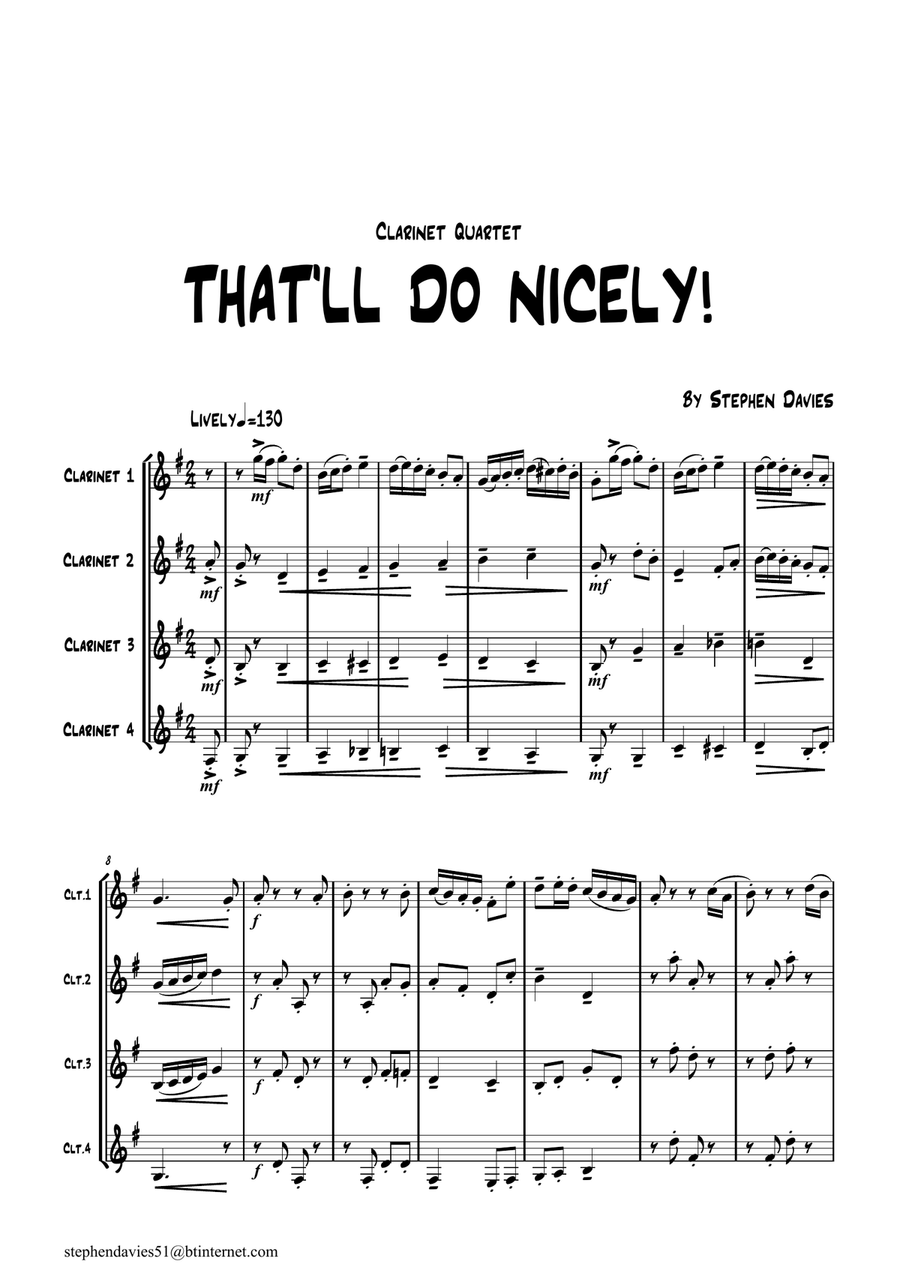 'That'll Do Nicely!' Clarinet Quartet by Stephen Davies. Clarinet Quartet scores gallery preview page 1