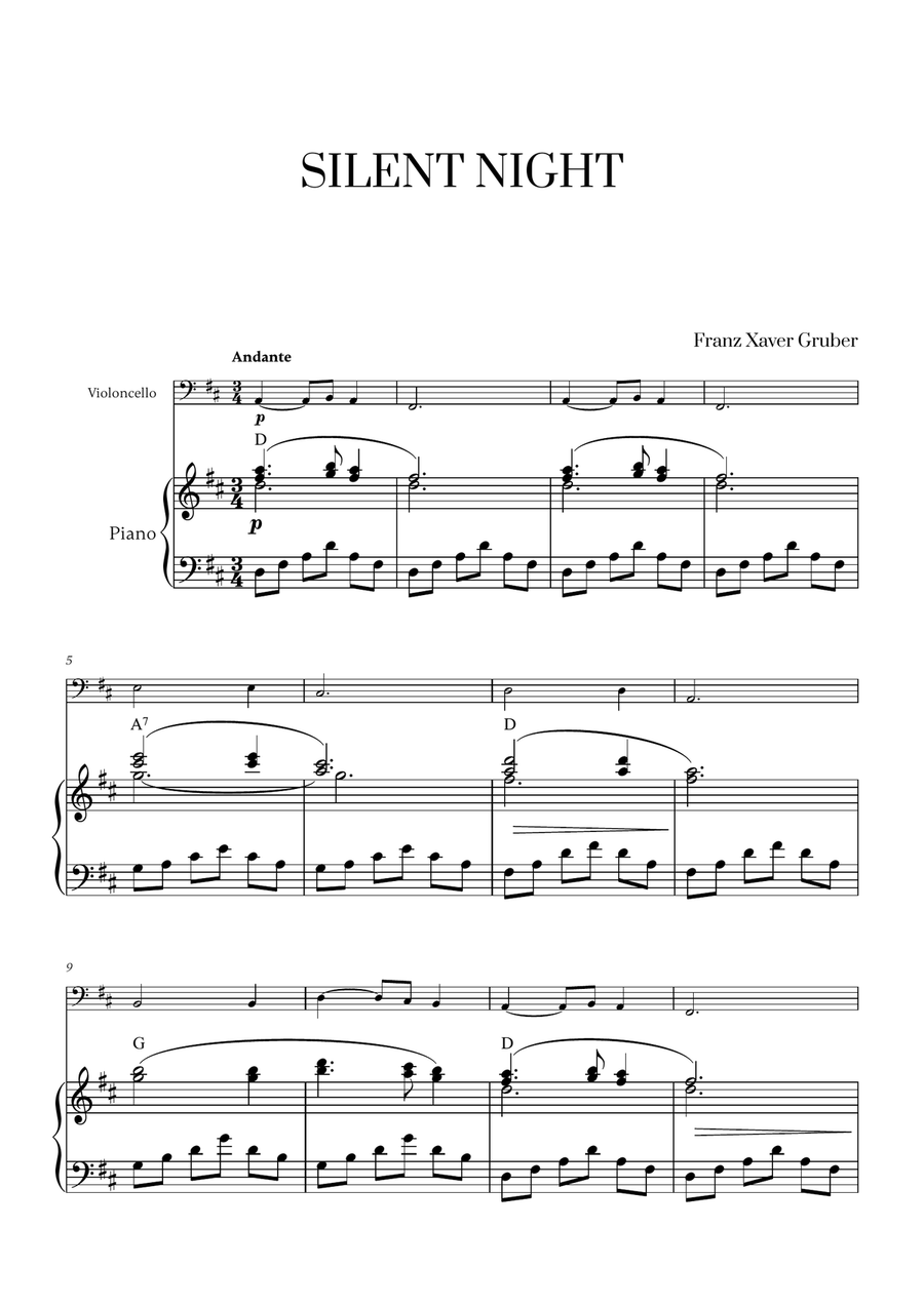 Silent Night (with Chords) for Cello and Piano Piano scores gallery preview page 1
