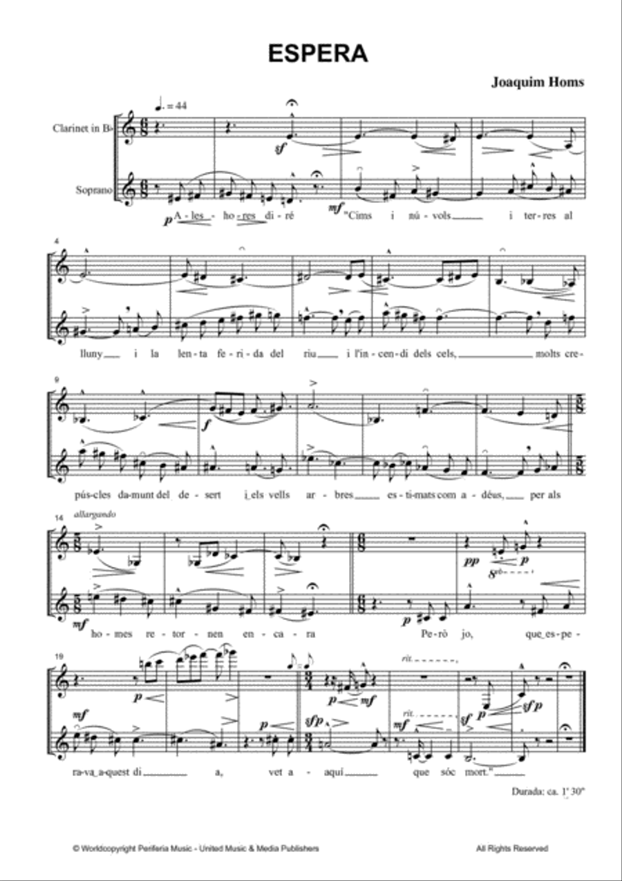 Les Hores: Dos poemes de S. Espriu for Voice and Clarinet Voice scores gallery preview page 2