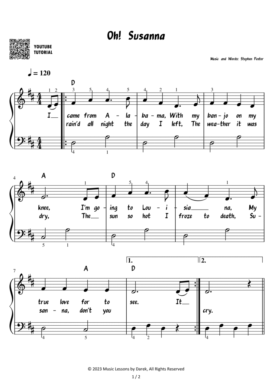 Oh! Susanna – Children Song [EASY] Easy Piano scores gallery preview page 1