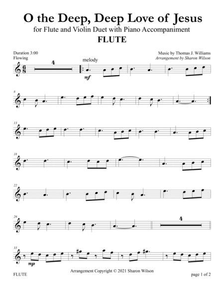 O the Deep, Deep Love of Jesus (for Flute and/or Violin Duet with Piano Accompaniment) by Sharon Wilson Flute - Digital Sheet Music