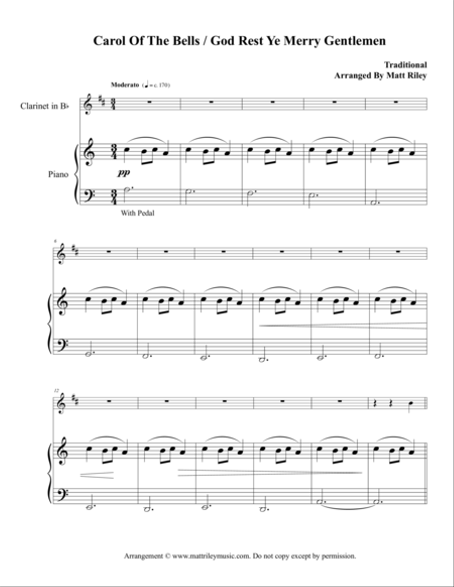 Carol of the Bells / God Rest Ye Merry Gentlemen - Clarinet (Bb, A, and Eb) Clarinet Solo scores gallery preview page 1