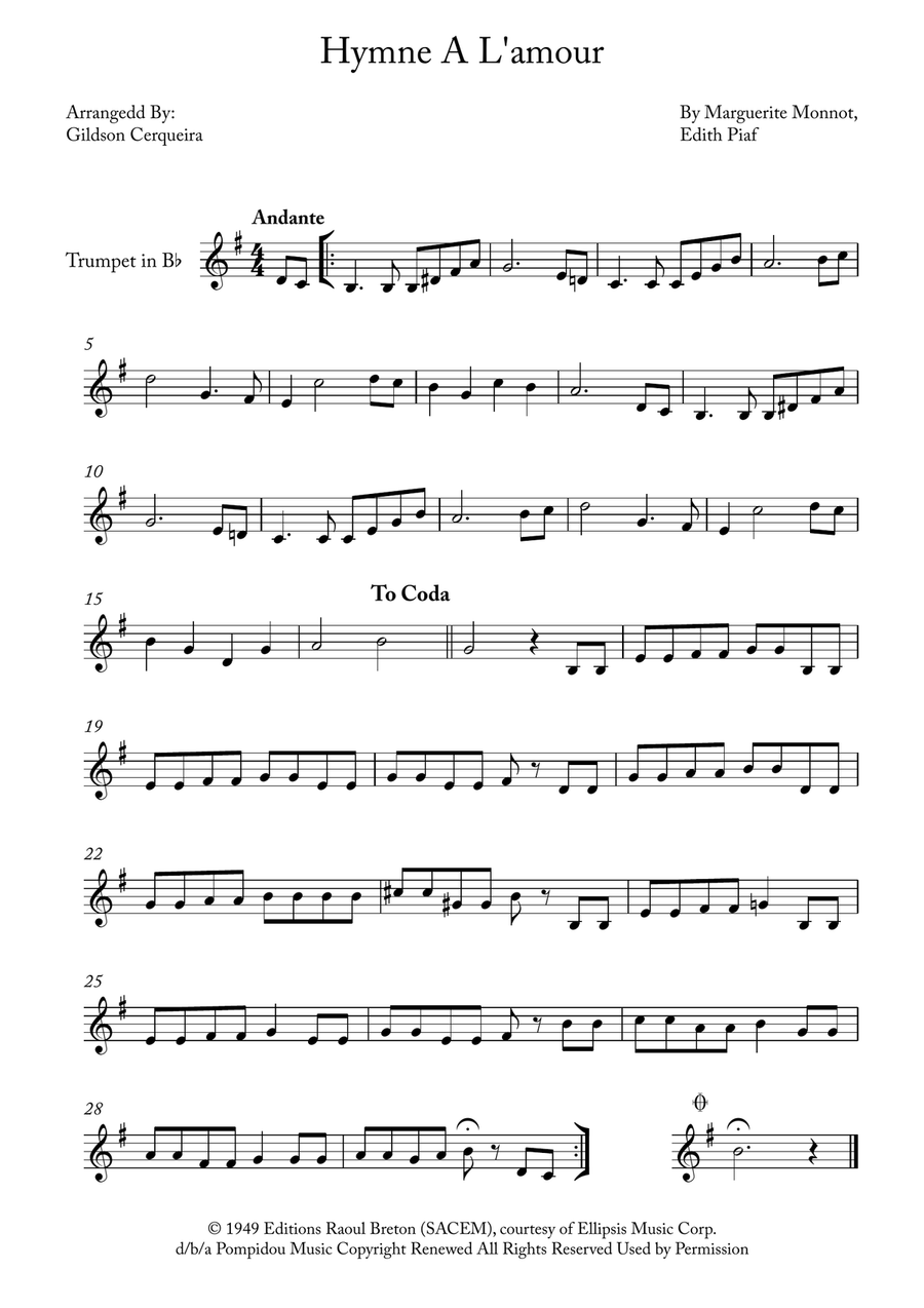 Hymne A L'amour B-Flat Trumpet scores gallery preview page 1