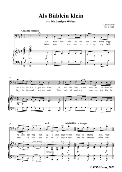 Nicolai-Als Bublein klein,in D Major,from Die Lustigen Weiber,for Voice and Piano