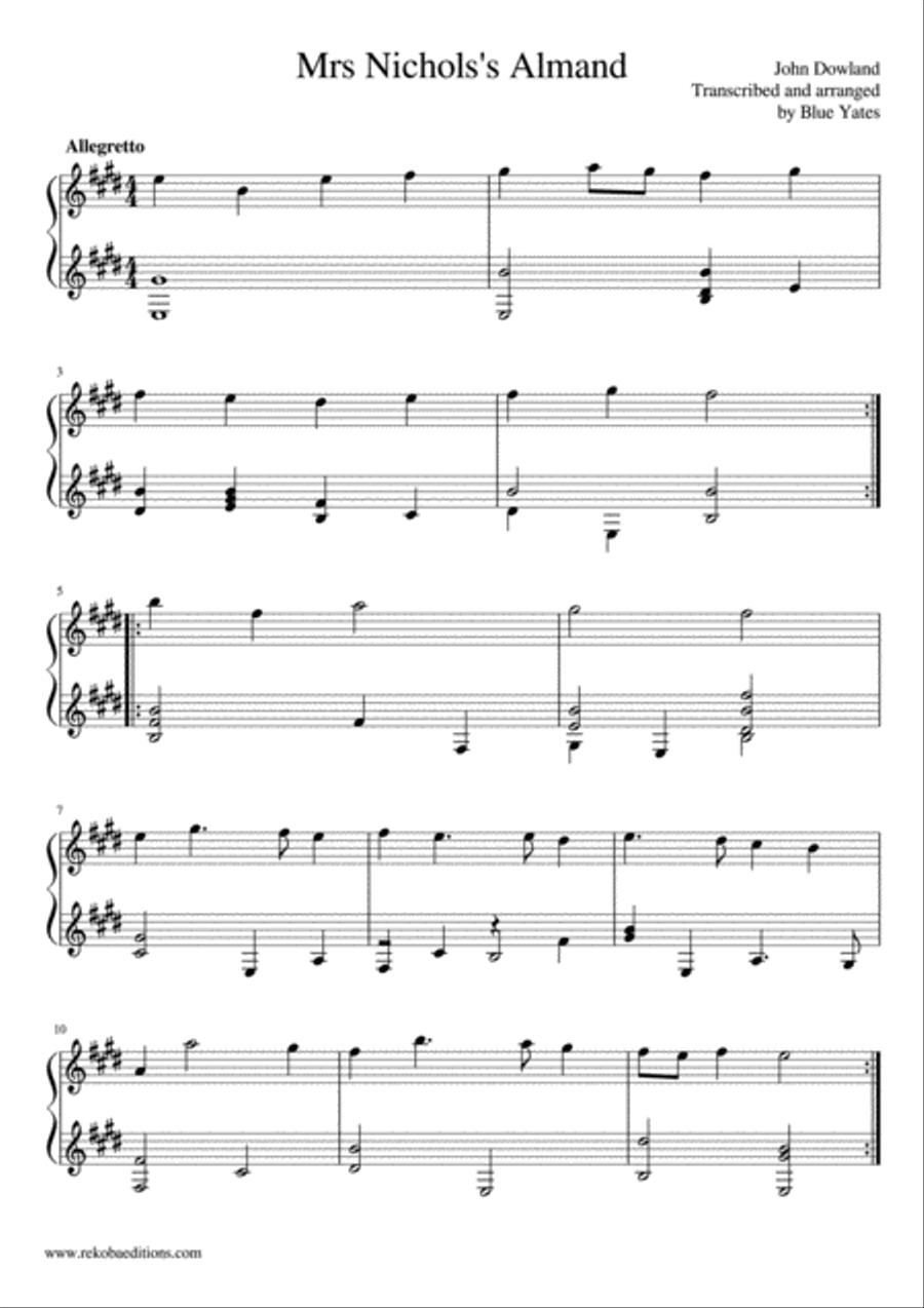 Mrs Nichols's Almand (John Dowland) Classical Guitar scores gallery preview page 1