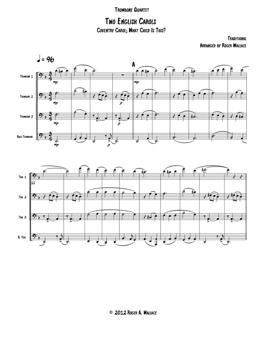 Two English Carols (Coventry Carol; What Child Is This?) - Trombone Quartet Brass Quartet scores gallery preview page 1