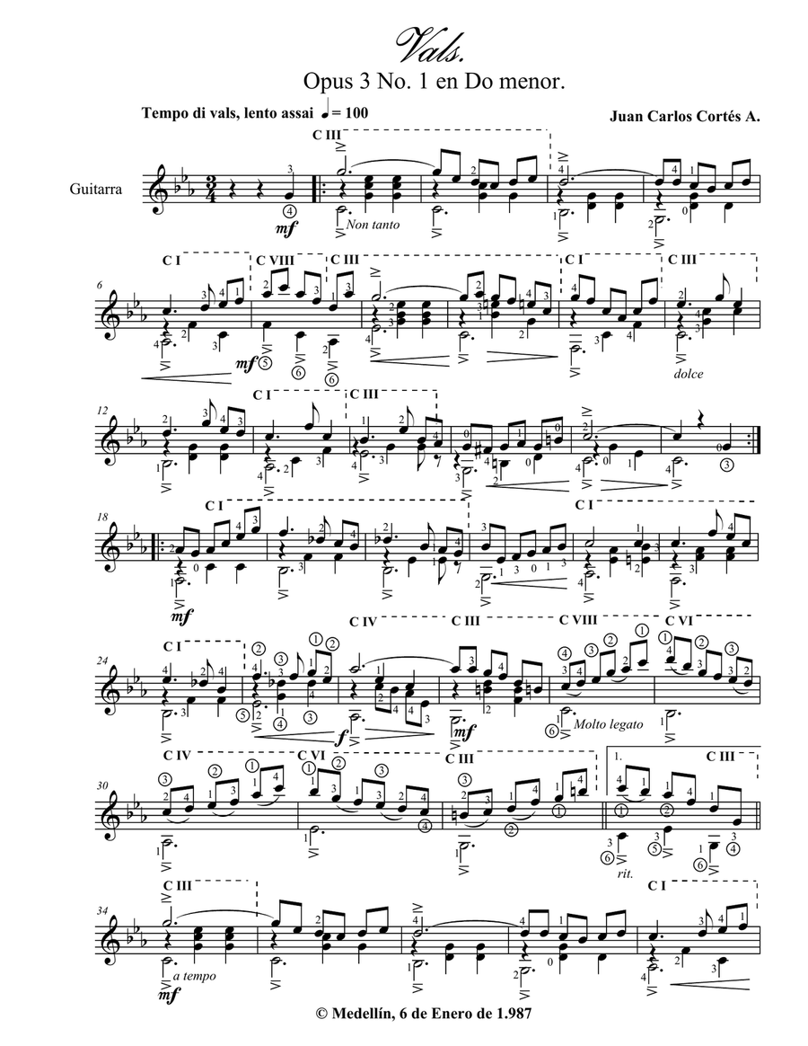 Vals en Do menor para Guitarra Solista por JUAN CARLOS CORTÉS A. Classical Guitar scores gallery preview page 1