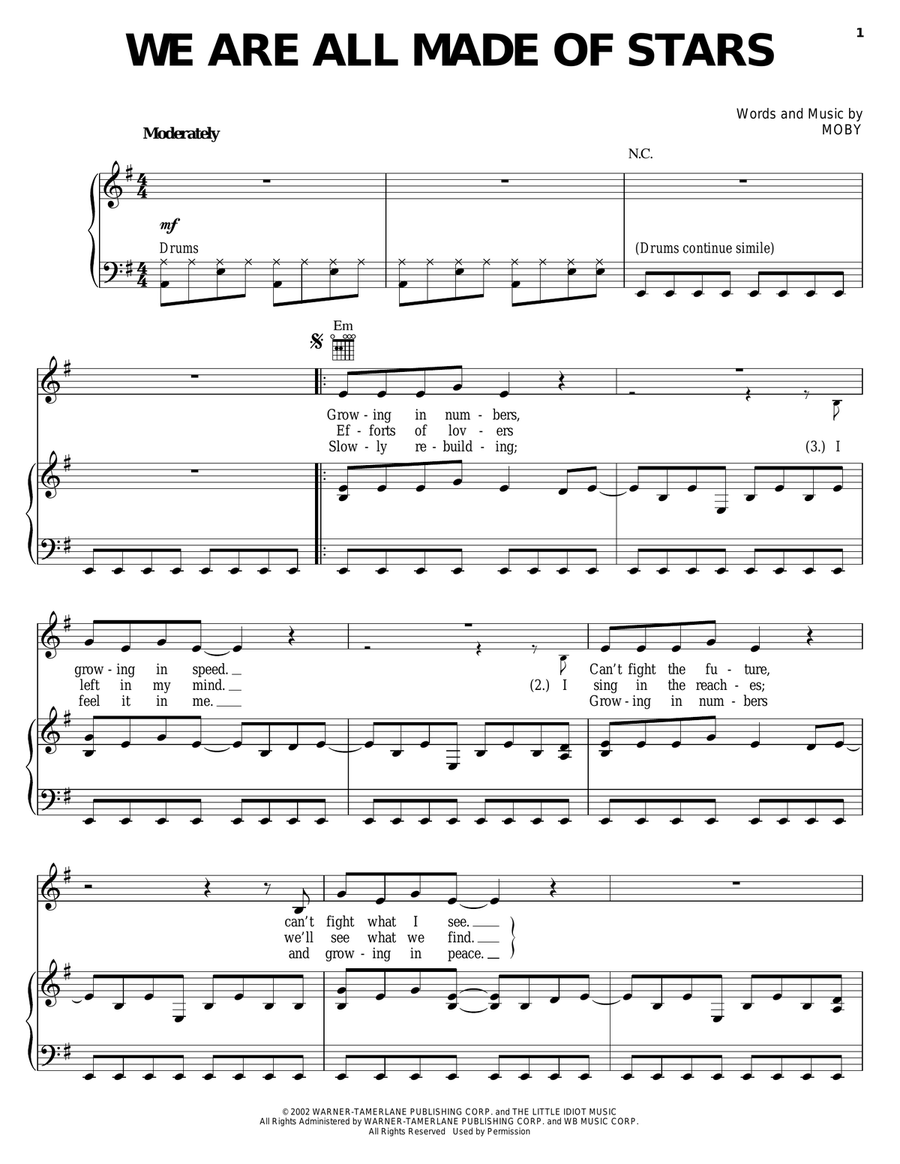 We Are All Made Of Stars Piano, Vocal, Guitar scores gallery preview page 1