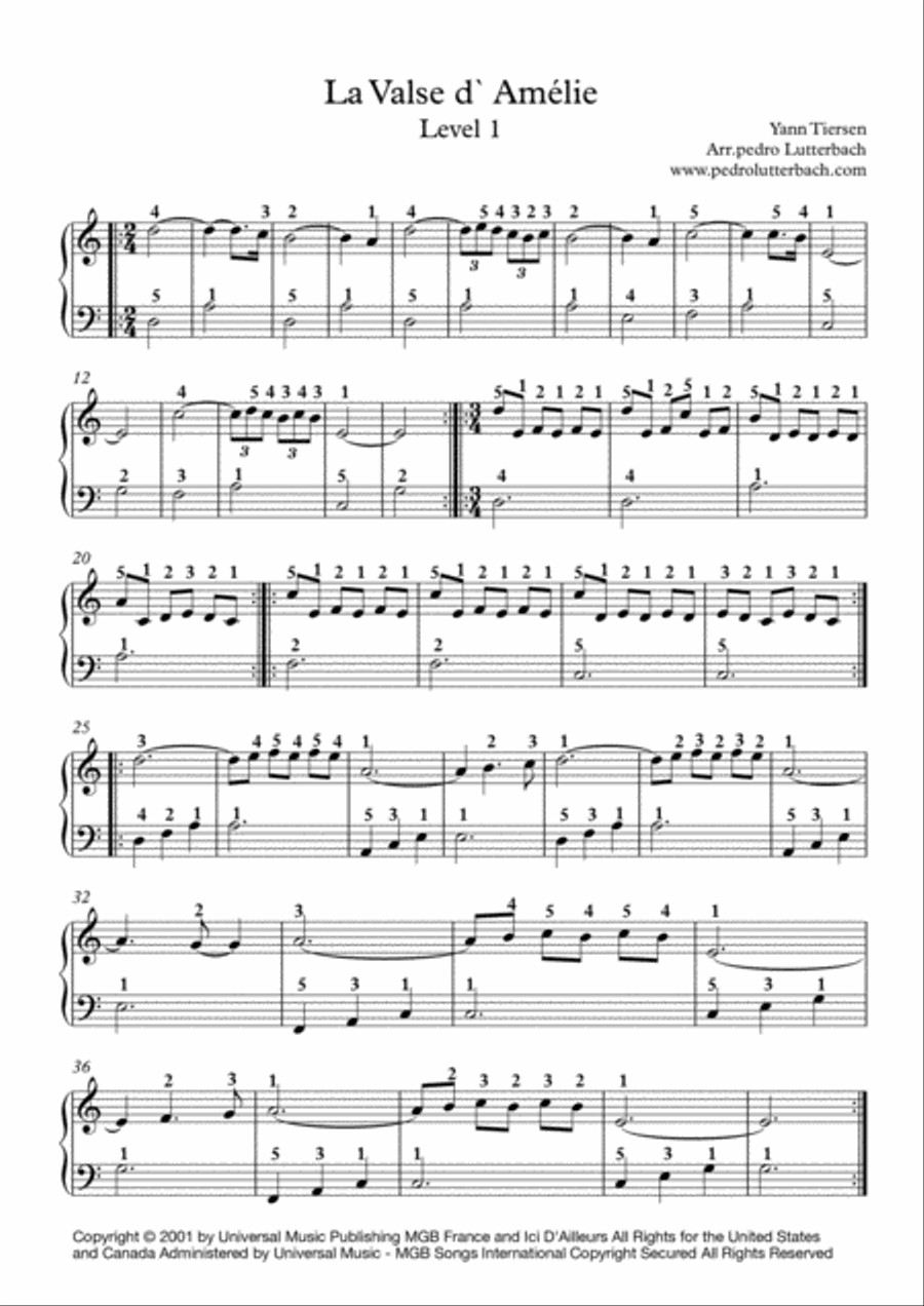 La Valse D'amelie Easy Piano scores gallery preview page 1