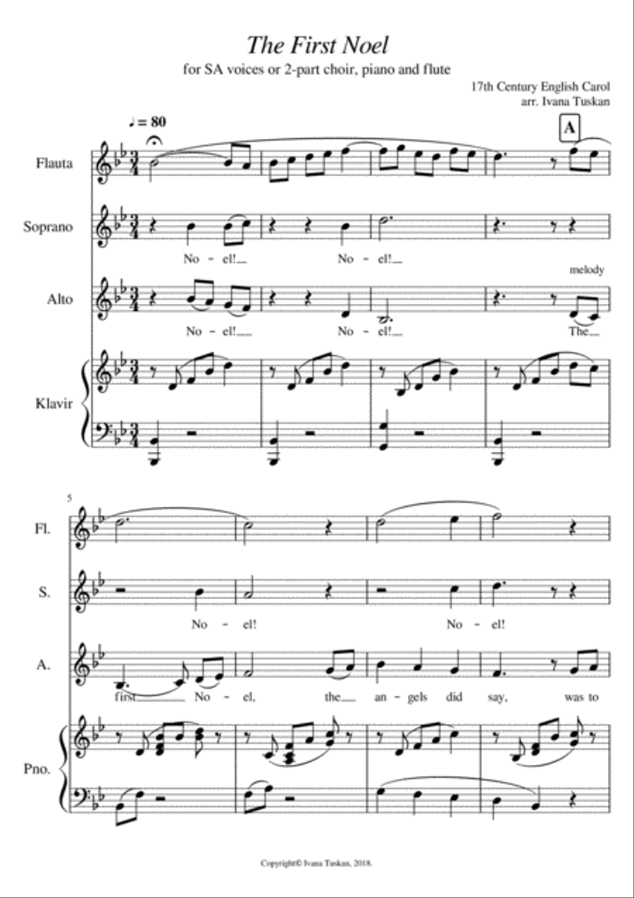 The First Noel for SA solo voices or 2 – part choir, piano and flute. SA scores gallery preview page 1