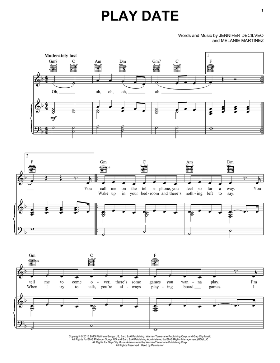 Play Date Piano, Vocal, Guitar scores gallery preview page 1