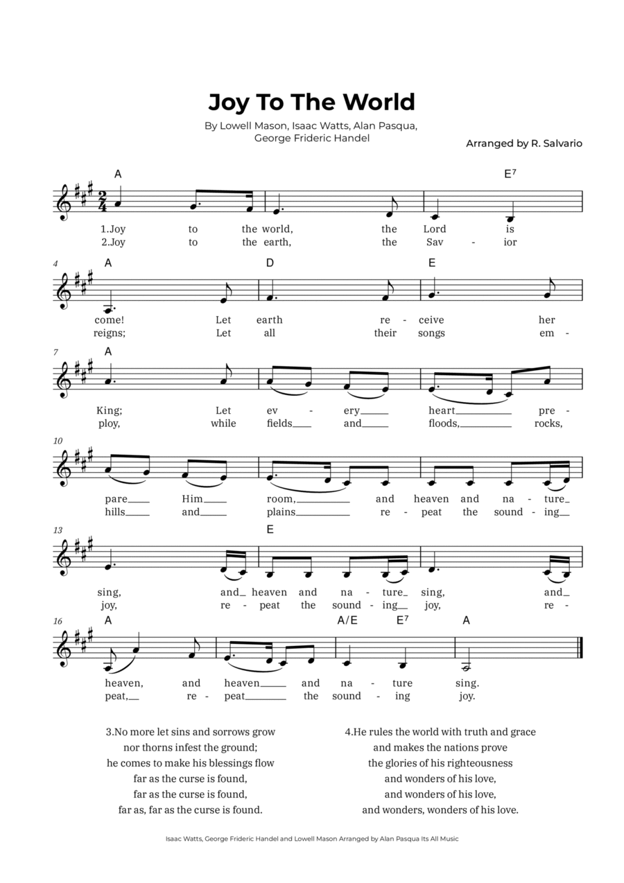 Joy To The World (Key of A Major) Piano scores gallery preview page 1
