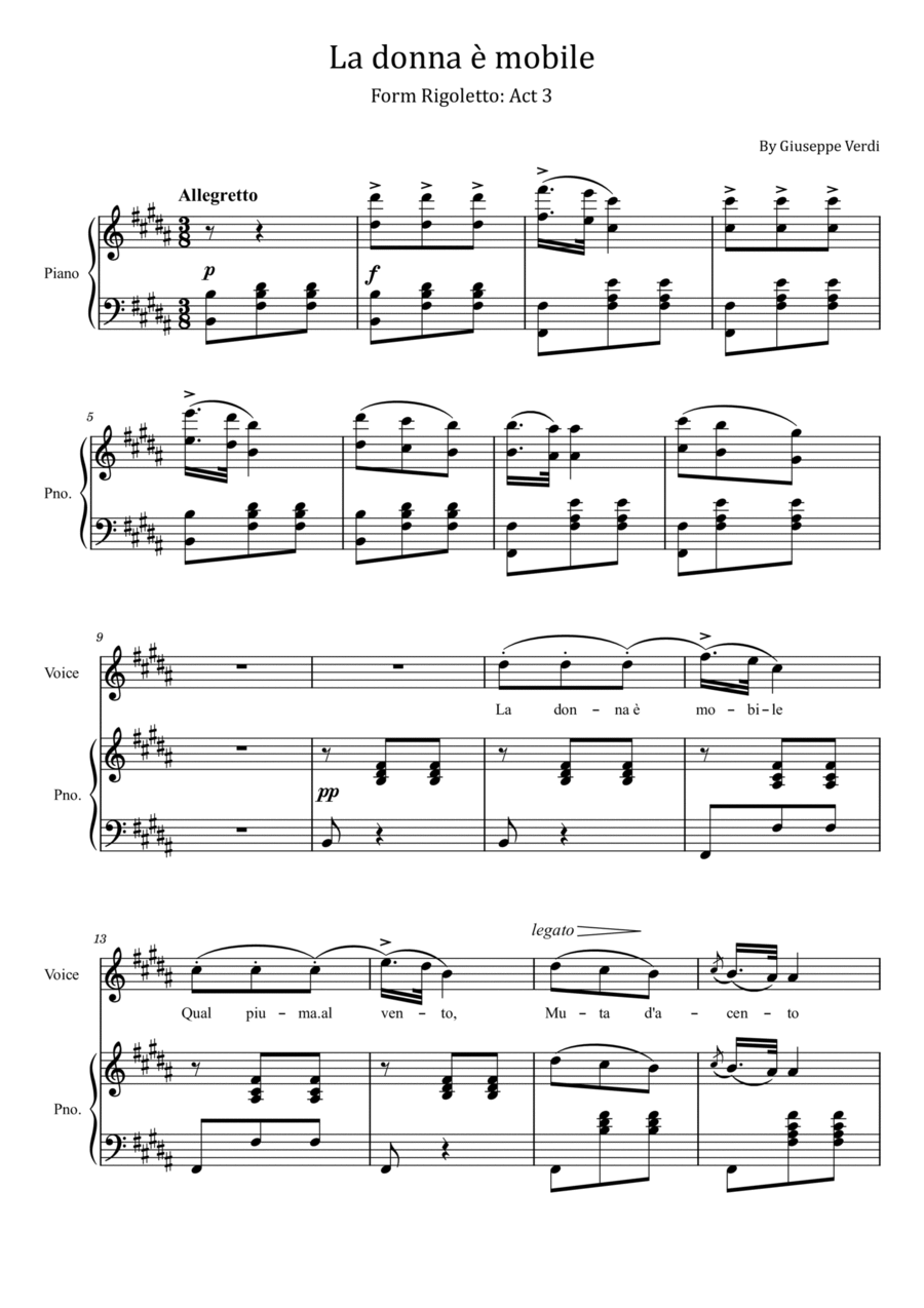 Verdi - La donna è mobile - Rigoletto: Act 3 - For Piano and Voice With Lyrics Voice scores gallery preview page 1