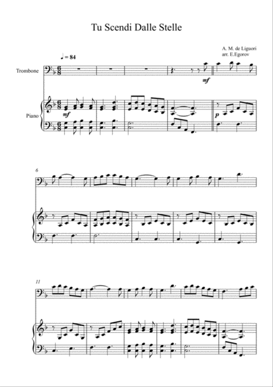 Tu Scendi Dalle Stelle, Alfons Maria de Liguori, For Trombone & Piano Piano Accompaniment scores gallery preview page 1