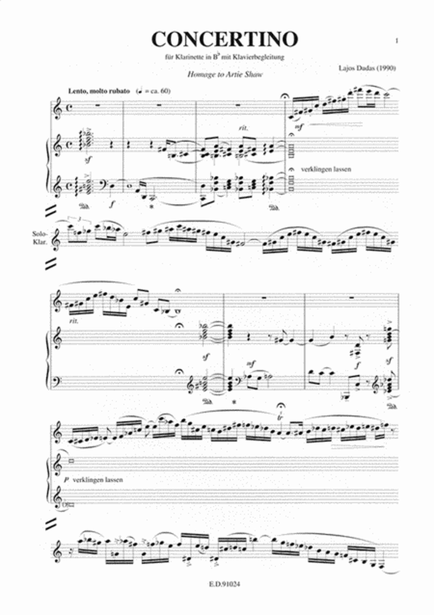 Concertino für Klarinette in B und Klavier (1990) -Hommage to Artie Shaw-