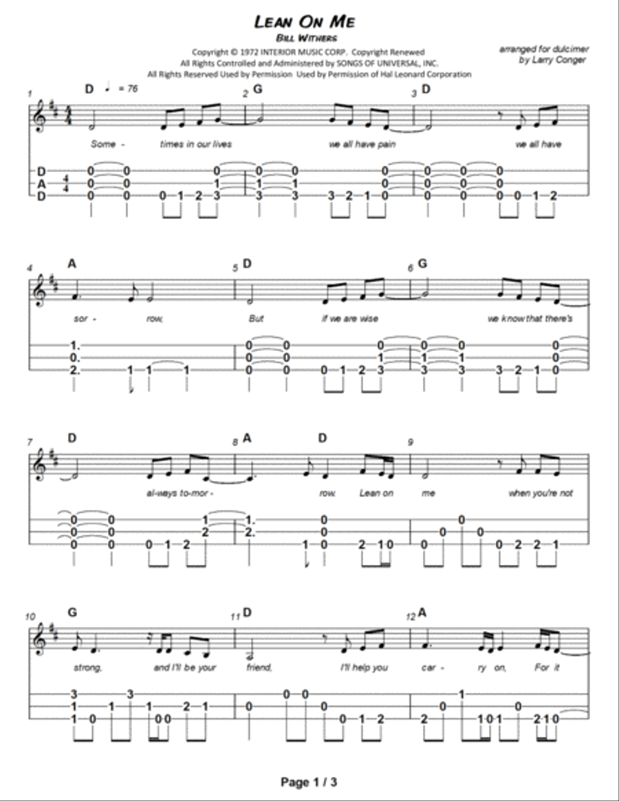 Lean On Me Dulcimer scores gallery preview page 2
