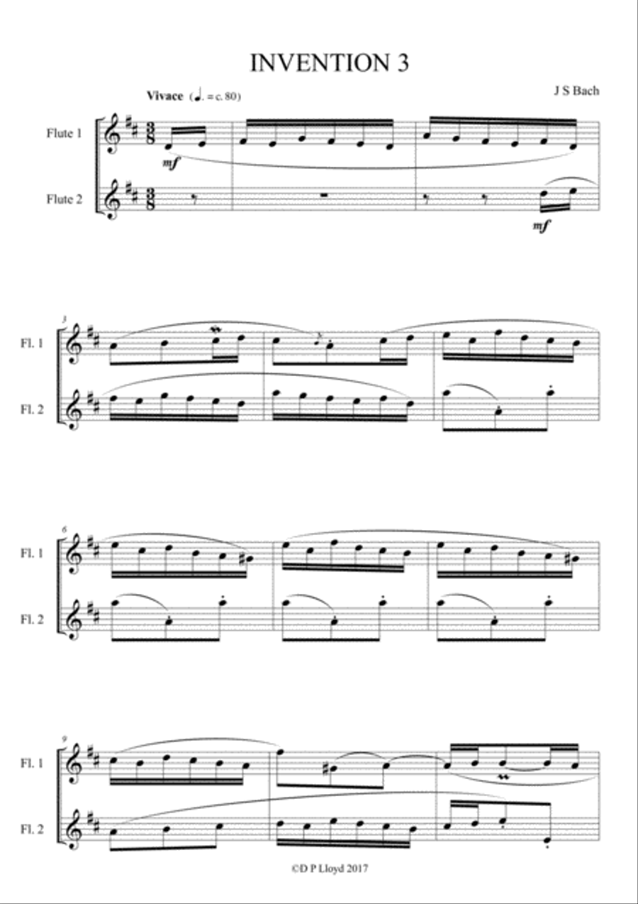 Flute duets - 5 J S Bach keyboard inventions arranged for 2 flutes. Flute Duet scores gallery preview page 6