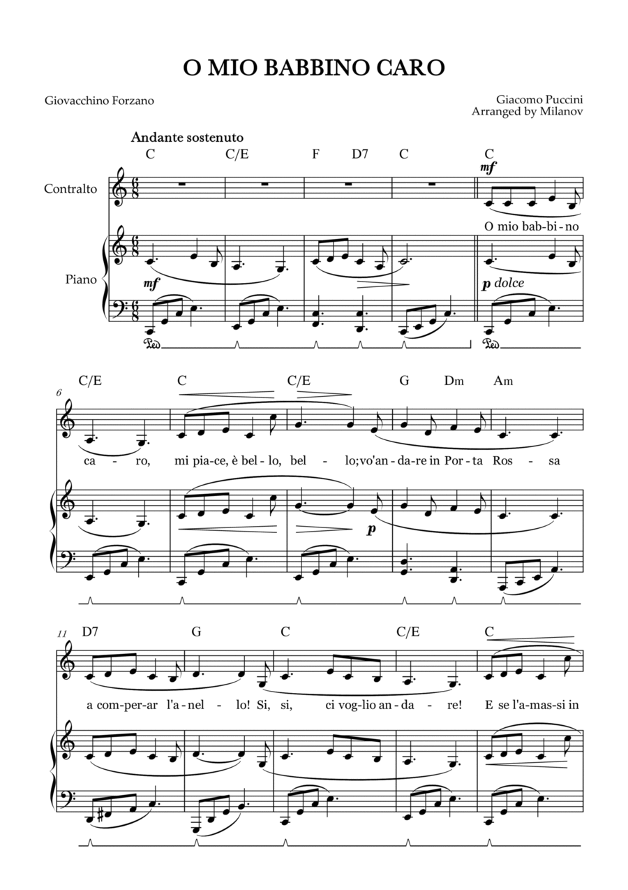 O Mio Babbino Caro | Female Voice Contralto |C Major | Piano accompaniment | Pedal | Chords Alto Voice scores gallery preview page 1
