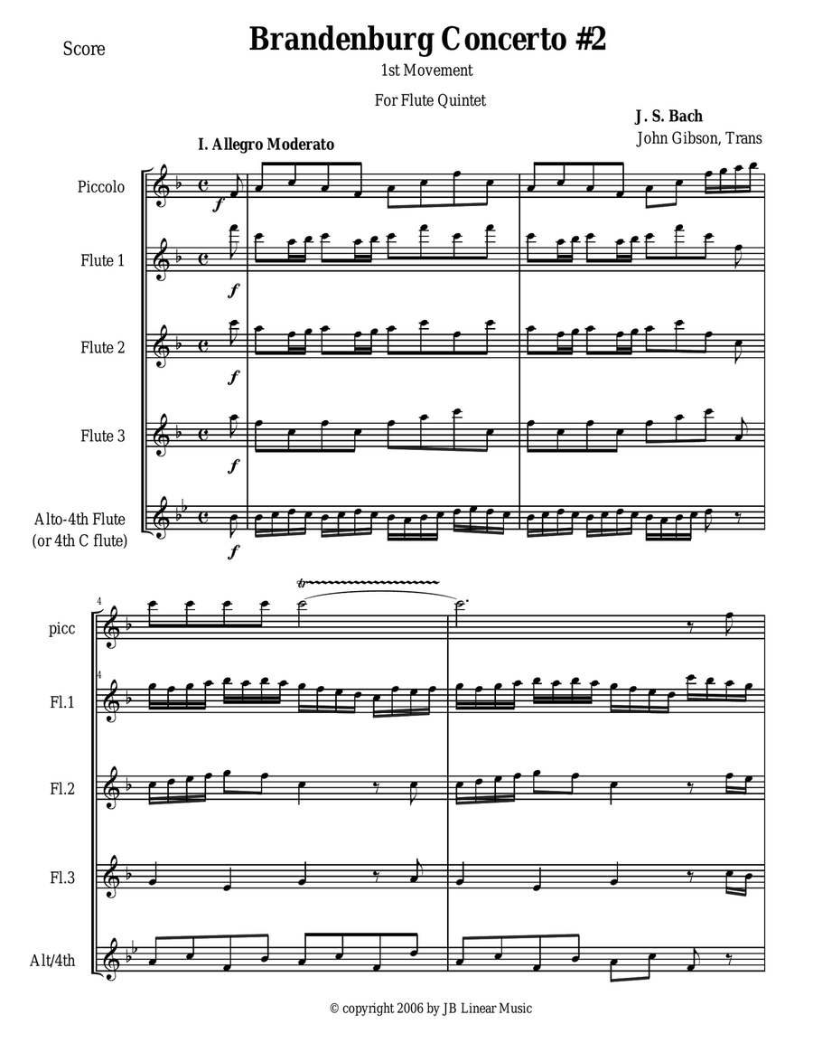 Bach Brandenburg Concerto #2 - 1st movement for 5 flutes Small Ensemble scores gallery preview page 1