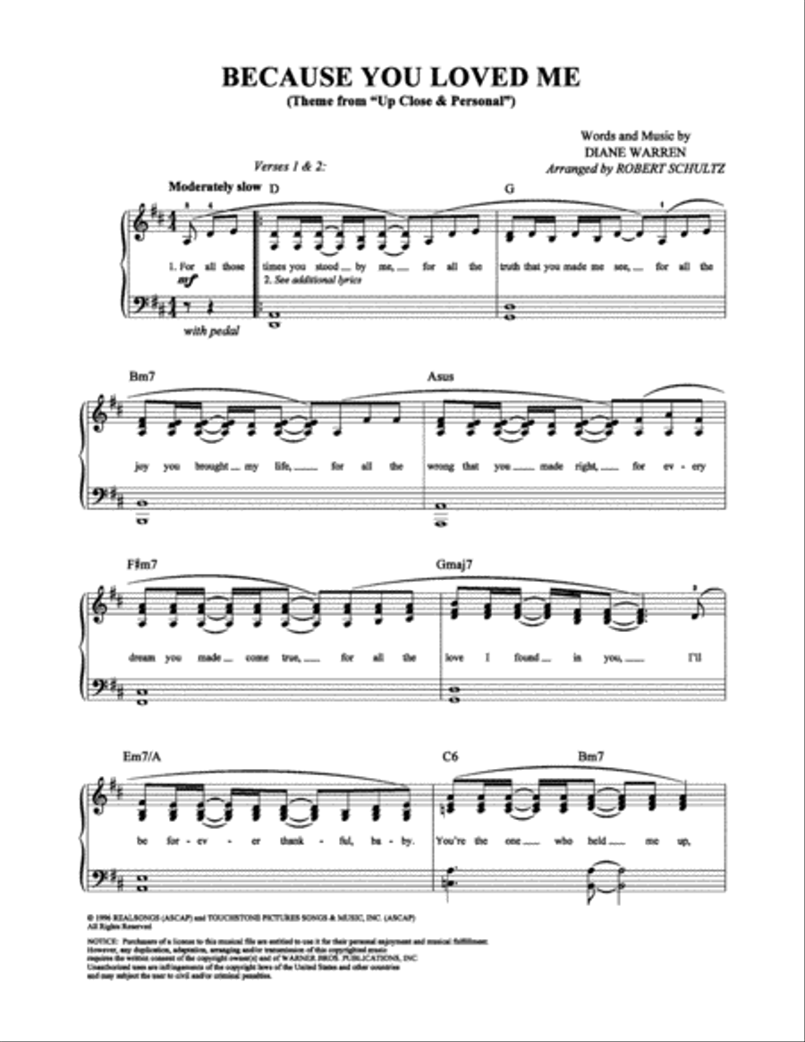 Because You Loved Me Because You Loved Me Piano, Vocal, Guitar scores gallery preview page 1