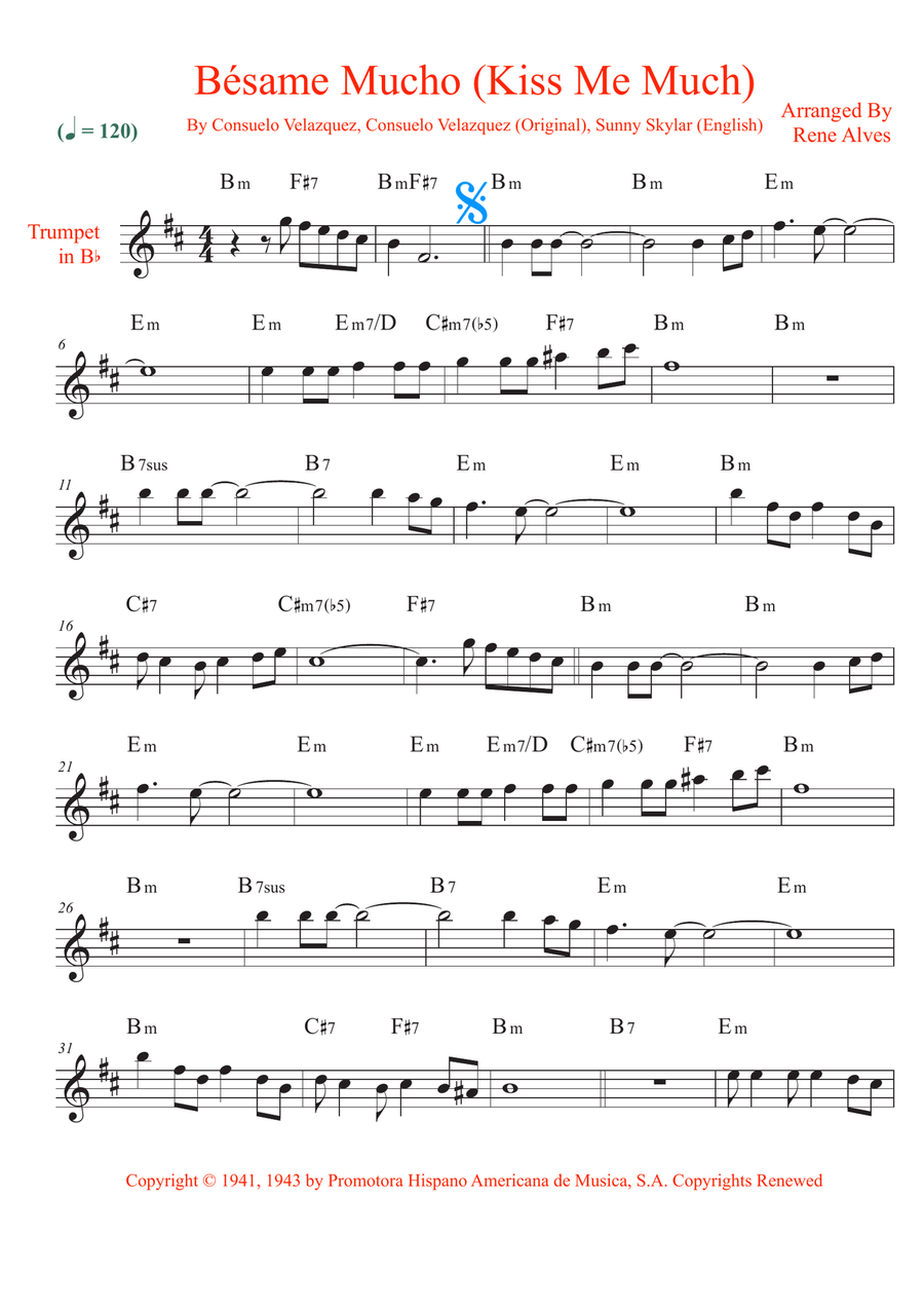 Bésame Mucho (Kiss Me Much) B-Flat Trumpet scores gallery preview page 1