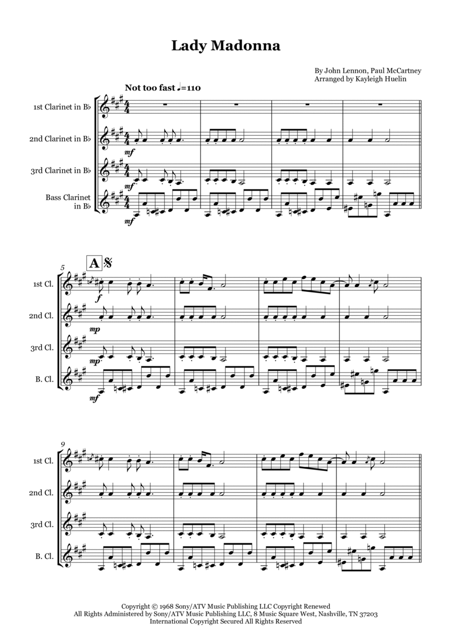 Lady Madonna Clarinet Quartet scores gallery preview page 1