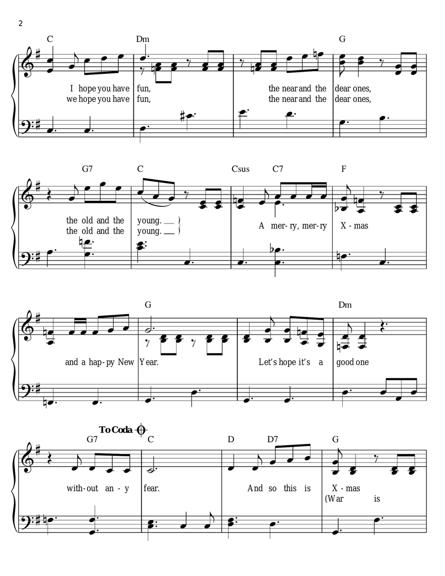 Happy Xmas (War Is Over) Easy Piano scores gallery preview page 2