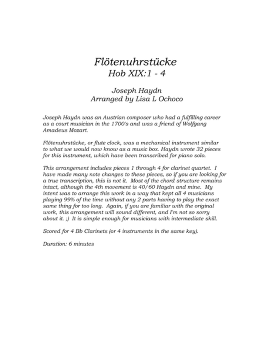 Flötenuhrstücke HobXIX:1-4 for Clarinet Quartet image number null