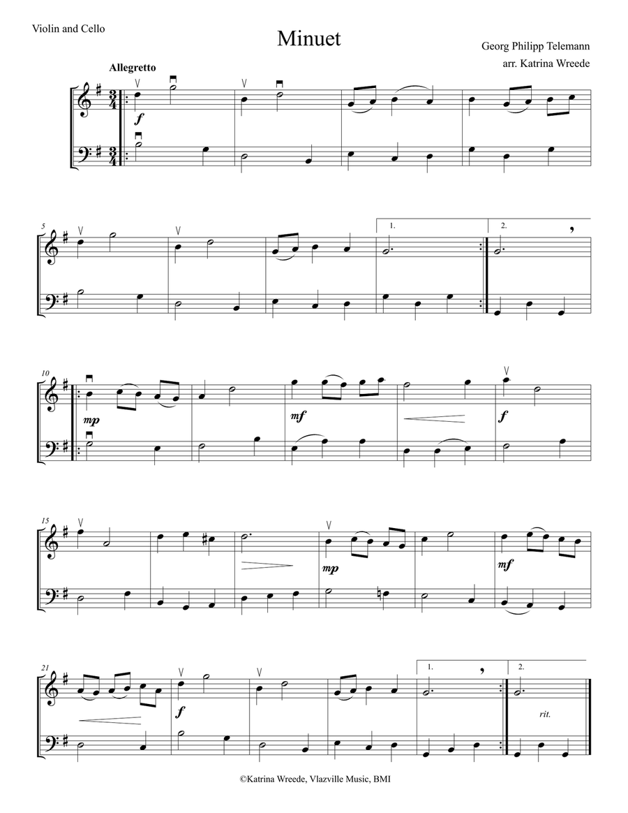 Minuet for Violin and Cello by Telemann String Duet scores gallery preview page 1