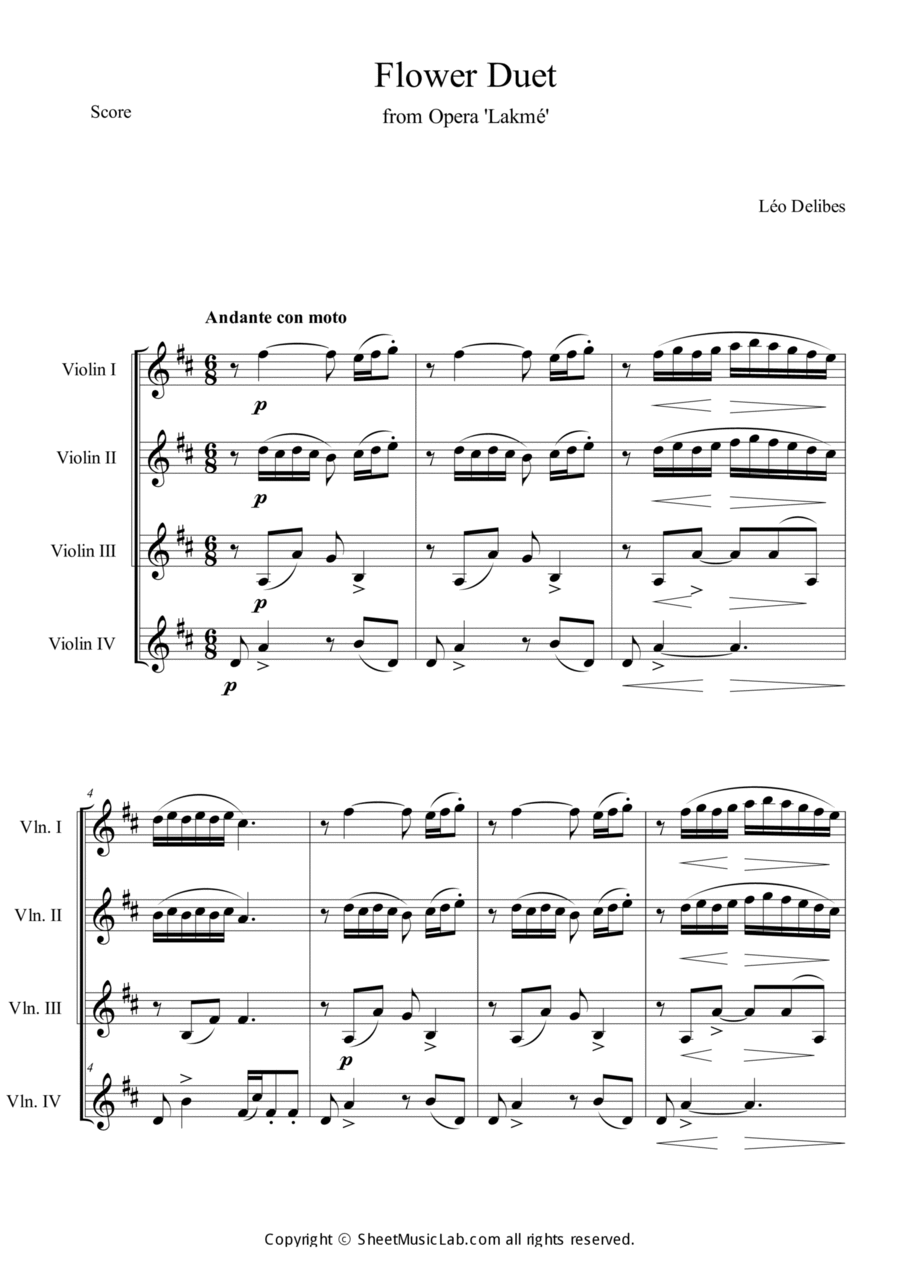 Flower Duet (from Opera Lakme) in D Major Violin scores gallery preview page 1