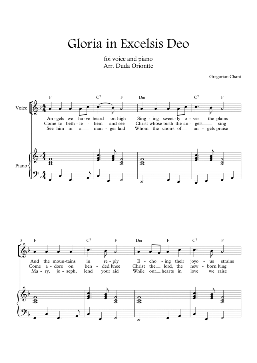 Gloria in excelsis Deo (F major - with chords - with piano) Voice scores gallery preview page 1
