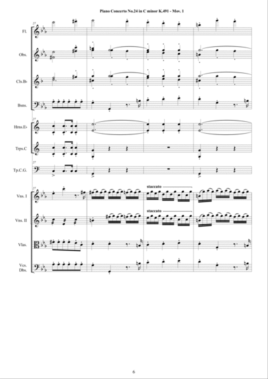 Mozart - Piano Concerto No.24 in C minor K 491 for Piano and Orchestra - Score and Parts Chamber Orchestra scores gallery preview page 6