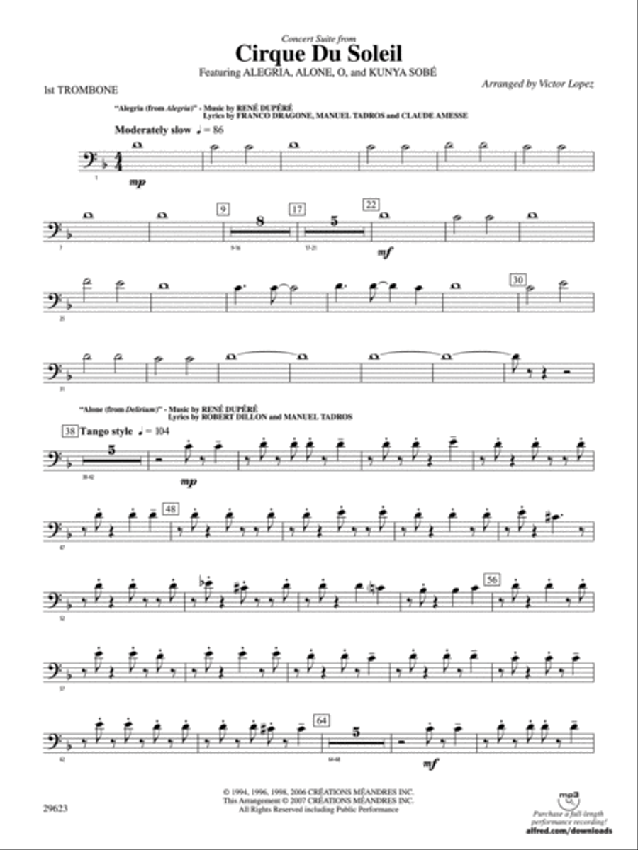 Cirque du Soleil: 1st Trombone Concert Band scores gallery preview page 1
