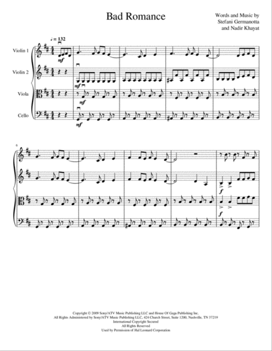 Bad Romance Bad Romance String Quartet scores gallery preview page 2