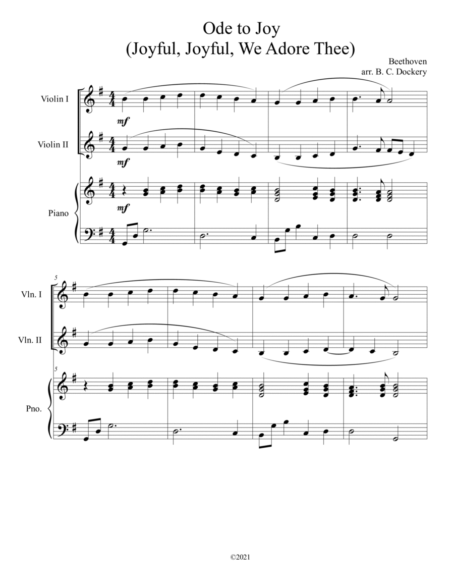 Ode to Joy (Joyful, Joyful, We Adore Thee) for violin duet with piano accompaniment image number null