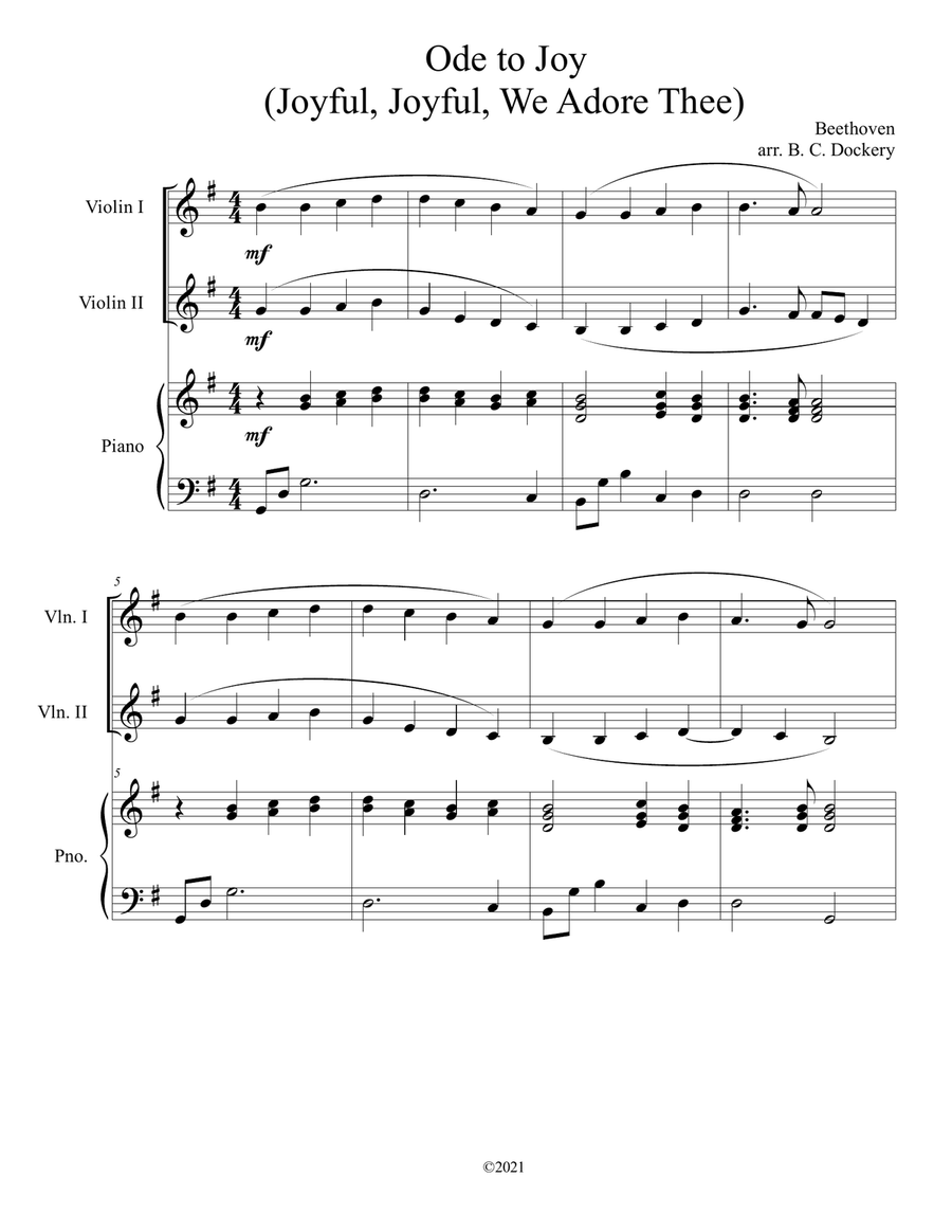 Ode to Joy (Joyful, Joyful, We Adore Thee) for violin duet with piano accompaniment String Duet scores gallery preview page 1