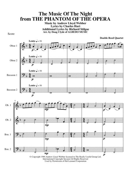 The Music Of The Night from THE PHANTOM OF THE OPERA for Double Reed Quartet image number null