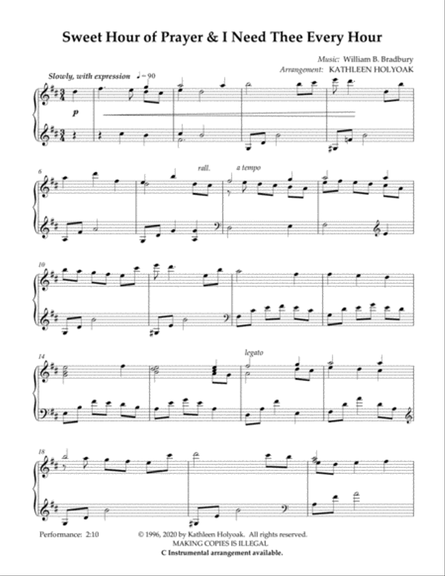 Sweet Hour of Prayer & I Need Thee Every Hour (Piano) Arrangement by Kathleen Holyoak Piano Solo scores gallery preview page 2