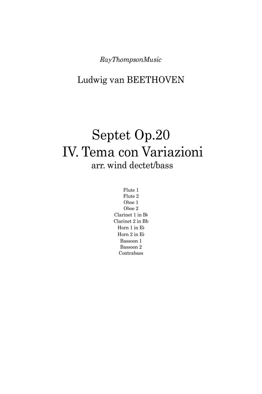 Beethoven: Septet Op.20 IV. Tema con Variazioni - wind dectet/bass Large Ensemble scores gallery preview page 1