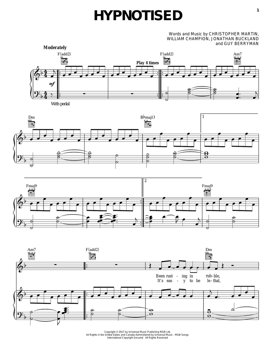 Hypnotised Piano, Vocal, Guitar scores gallery preview page 1